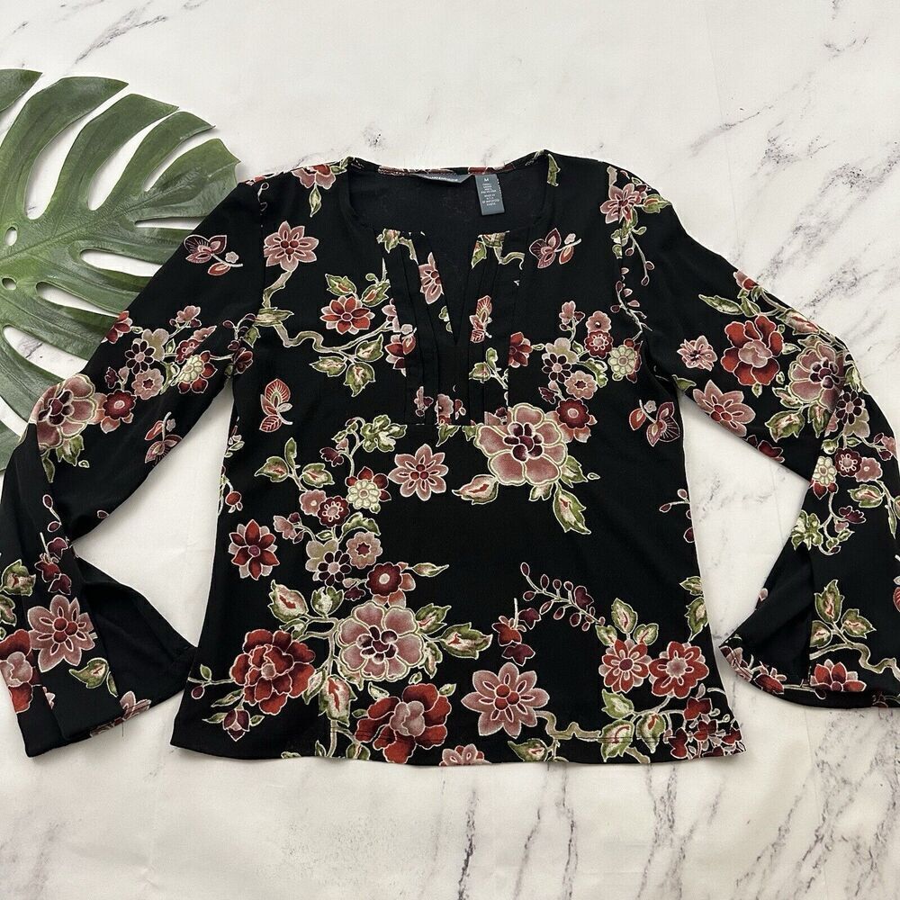Hillard Hanson Womens Vintage Y2k Mesh Knit Top Size M Black Pink Floral Bell